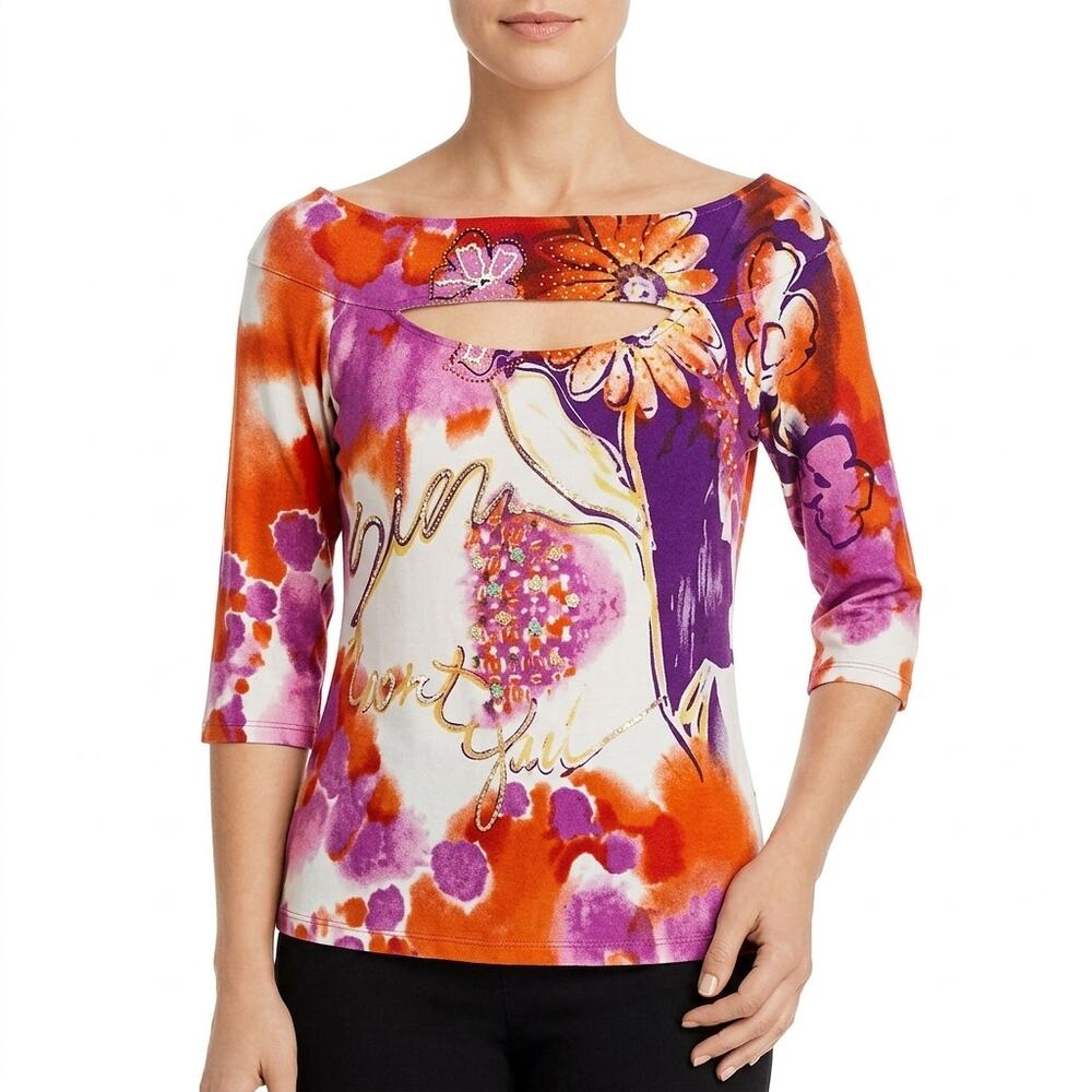 Cabo Multicolor Floral Embroidered Beaded Stretch Top Women Size L